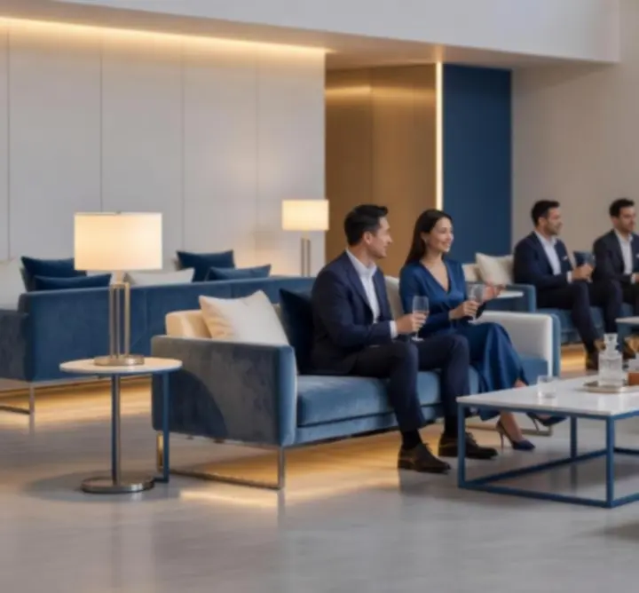 Modern lounge környezet elegáns fényekkel és társasági hangulattal