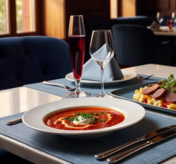 Elegánsan megterített asztal modernebb fine dining fogásokkal.
