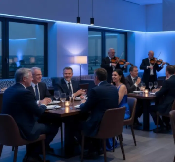 Vendégek elegáns esti rendezvényen, barátságos társasági hangulatban.